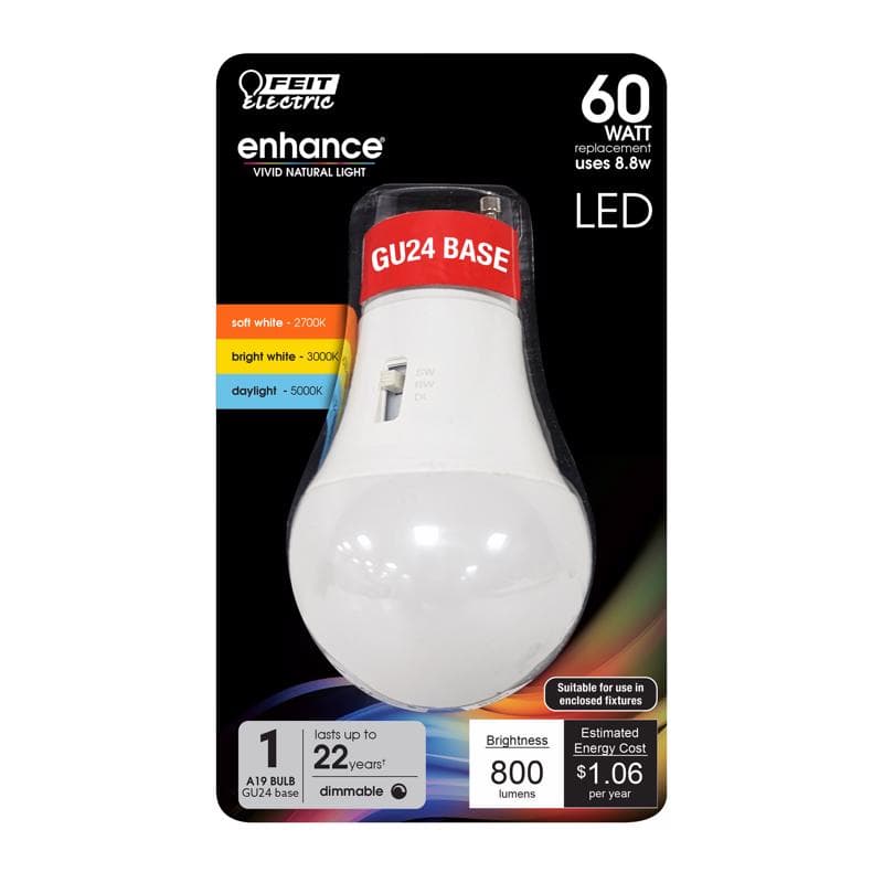Feit Electric LED A19 Bulb, GU24 Base, 60W Equivalent, Color Select