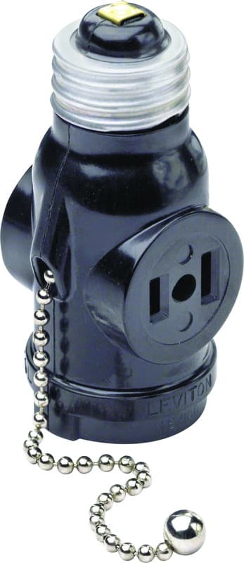 Leviton Pull Chain Lampholder with 2 Outlets, Black