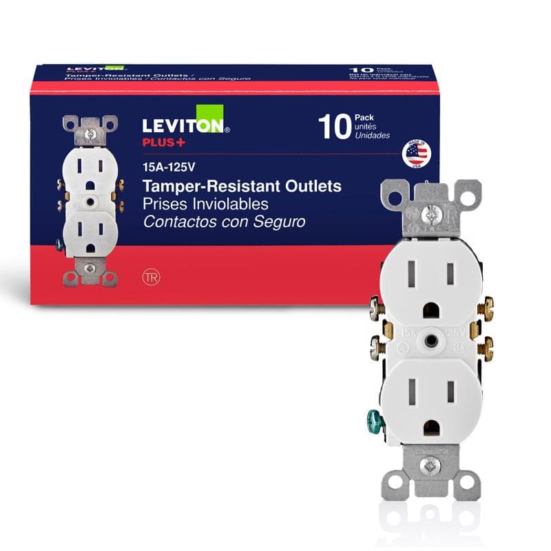 Leviton Tamper-Resistant Duplex Receptacle, 15A, White, 10-Pack