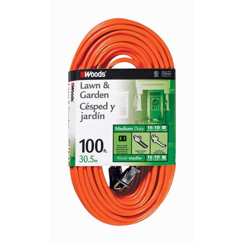 Woods Extension Cord 16/2 100ft, Orange