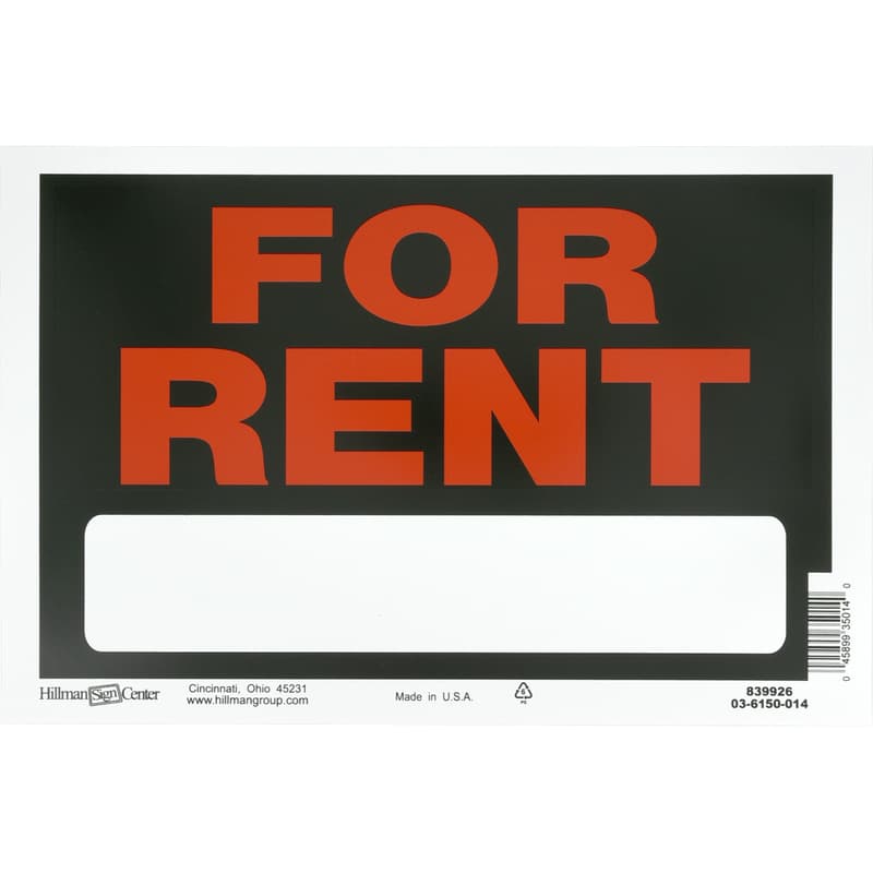 Hy-Ko For Rent Sign 8in x 12in, Black