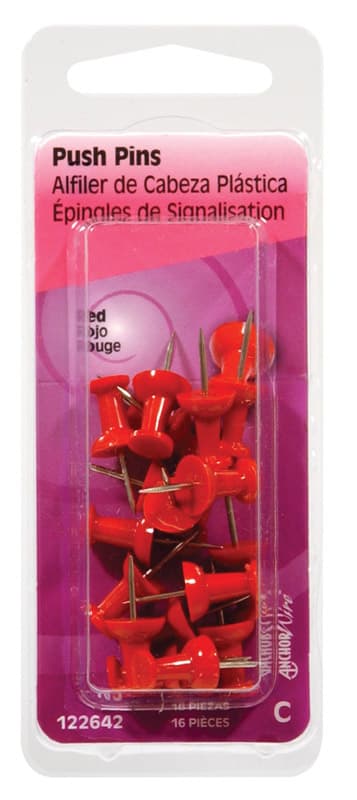 Plastic Push Pins, Red, 16-Card