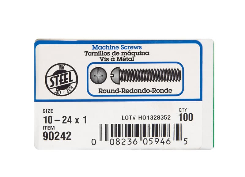 Round Head Machine Screws, Zinc #10-24 x 1in, 100-Box